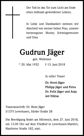 Traueranzeigen von Gudrun Jäger WirTrauern