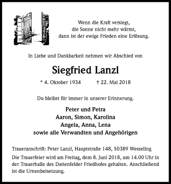 Traueranzeigen Von Siegfried Lanzl WirTrauern