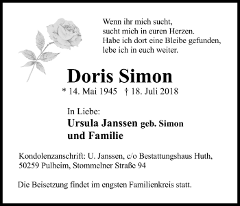 Traueranzeigen Von Doris Simon Wirtrauern