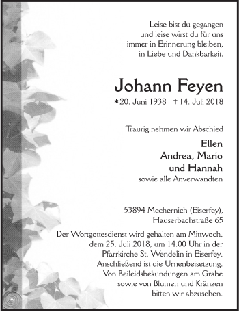 Traueranzeigen Von Johann Feyen Wirtrauern