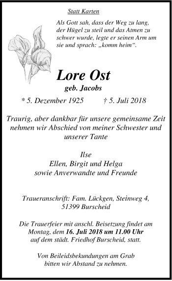 Traueranzeigen Von Lore Ost WirTrauern