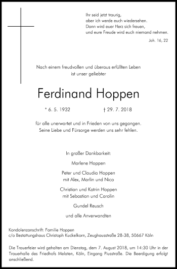 Traueranzeigen Von Ferdinand Hoppen Wirtrauern