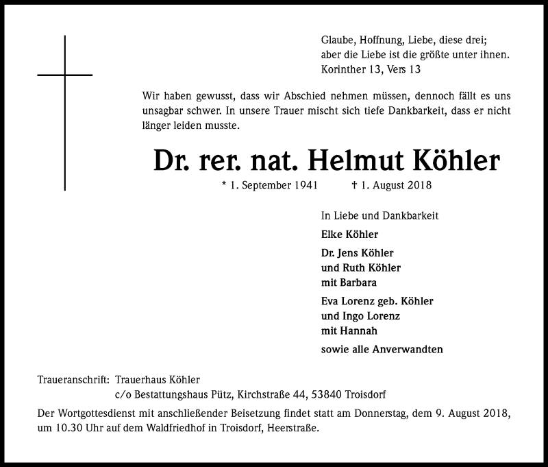 Traueranzeigen von Helmut Köhler WirTrauern