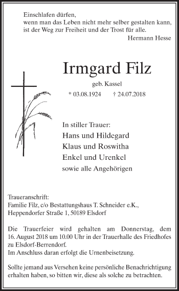 Traueranzeigen Von Irmgard Filz Wirtrauern