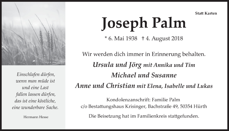 Traueranzeigen Von Joseph Palm Wirtrauern