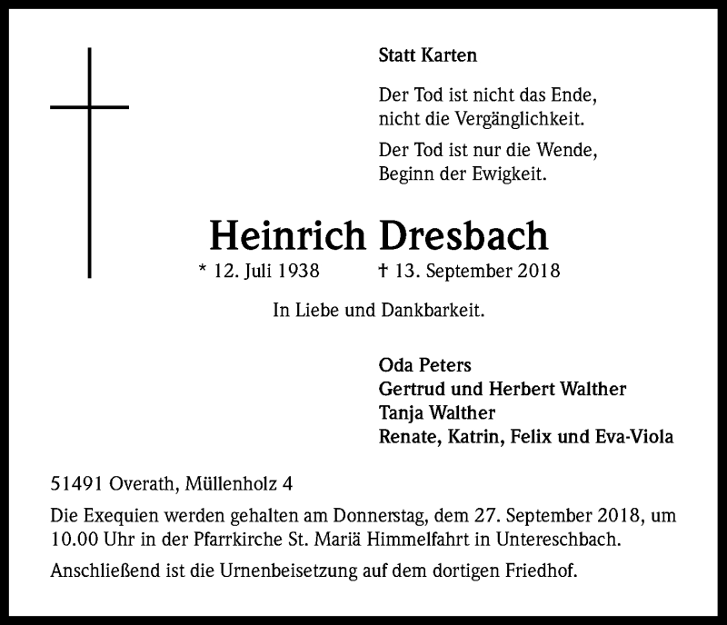 Traueranzeigen Von Heinrich Dresbach WirTrauern