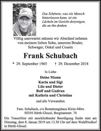 Traueranzeigen Von Frank Schubach Wirtrauern