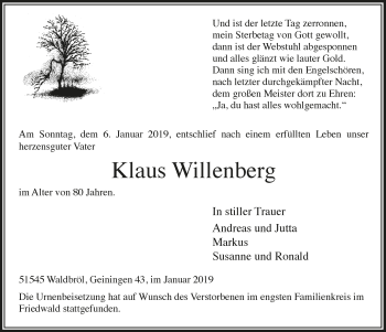 Traueranzeigen Von Klaus Willenberg Wirtrauern