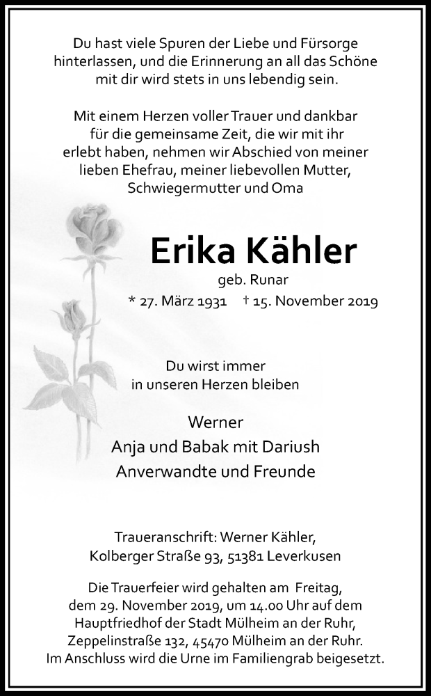 Traueranzeigen von Erika Kähler WirTrauern