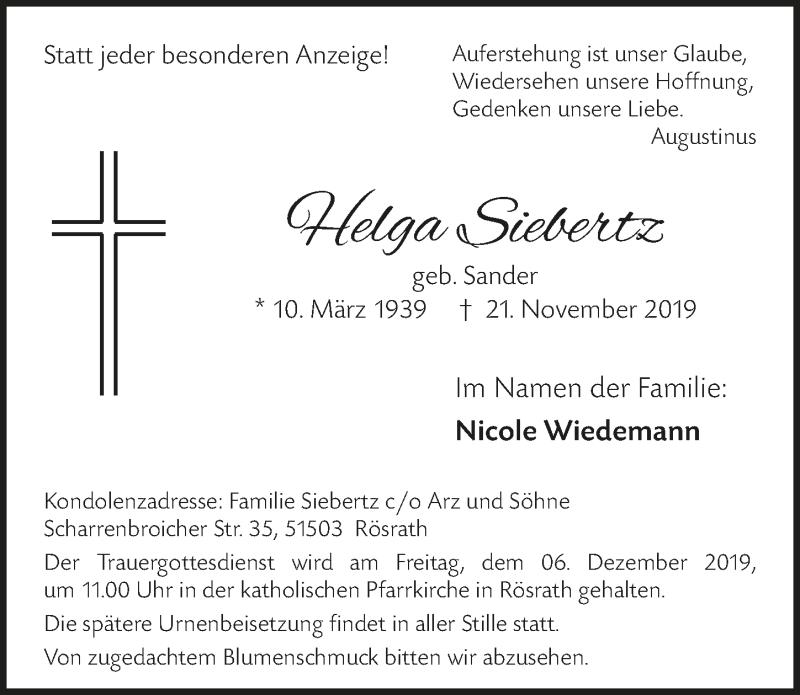 Traueranzeigen Von Helga Siebertz Wirtrauern