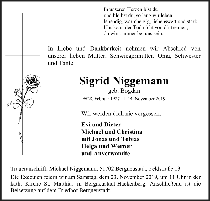 Traueranzeigen Von Sigrid Niggemann Wirtrauern