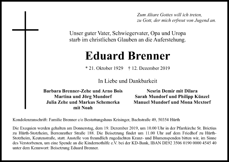 Traueranzeigen Von Eduard Brenner Wirtrauern