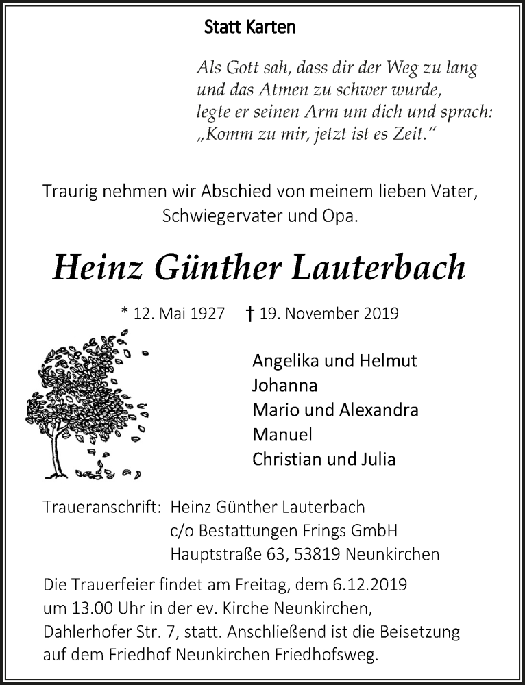 Traueranzeigen von Heinz Günther Lauterbach WirTrauern