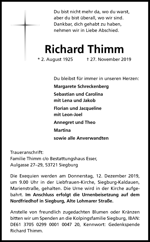 Traueranzeigen Von Richard Thimm Wirtrauern