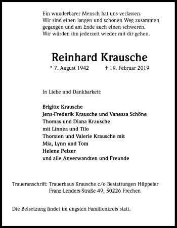 Traueranzeigen Von Reinhard Krausche Wirtrauern