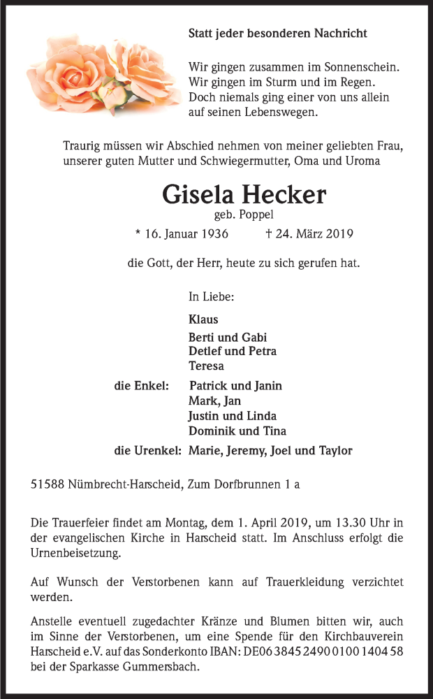 Traueranzeigen Von Gisela Hecker WirTrauern