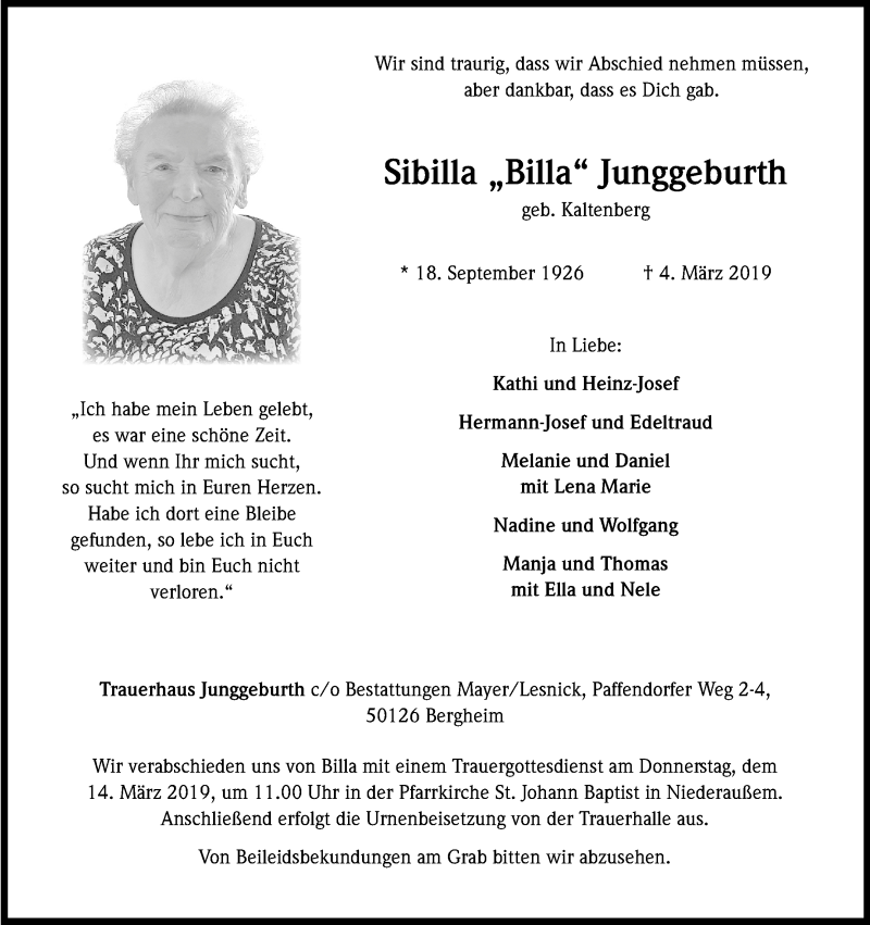 Traueranzeigen Von Sibilla Junggeburth Wirtrauern