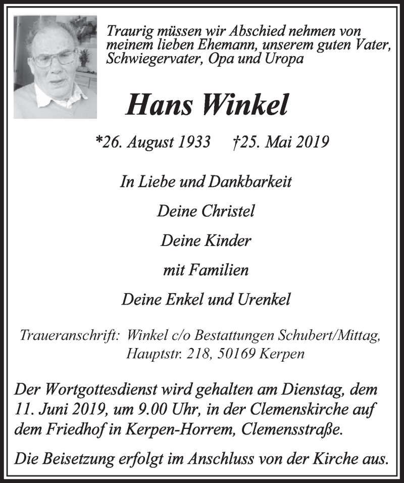 Traueranzeigen Von Hans Winkel Wirtrauern