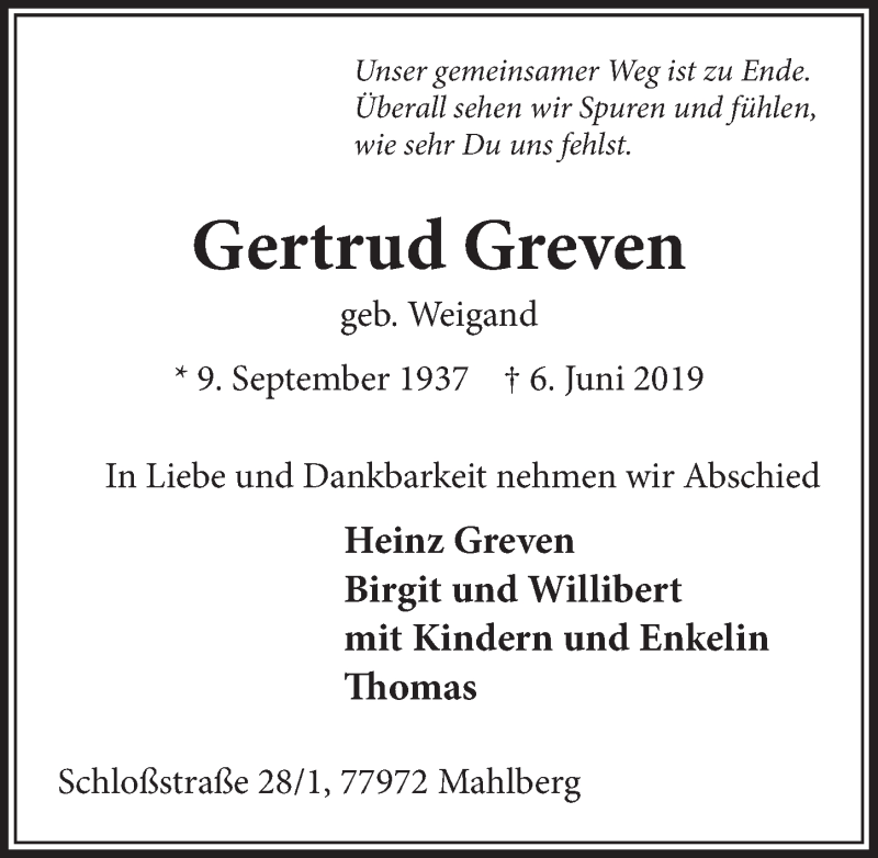 Traueranzeigen Von Gertrud Greven Wirtrauern