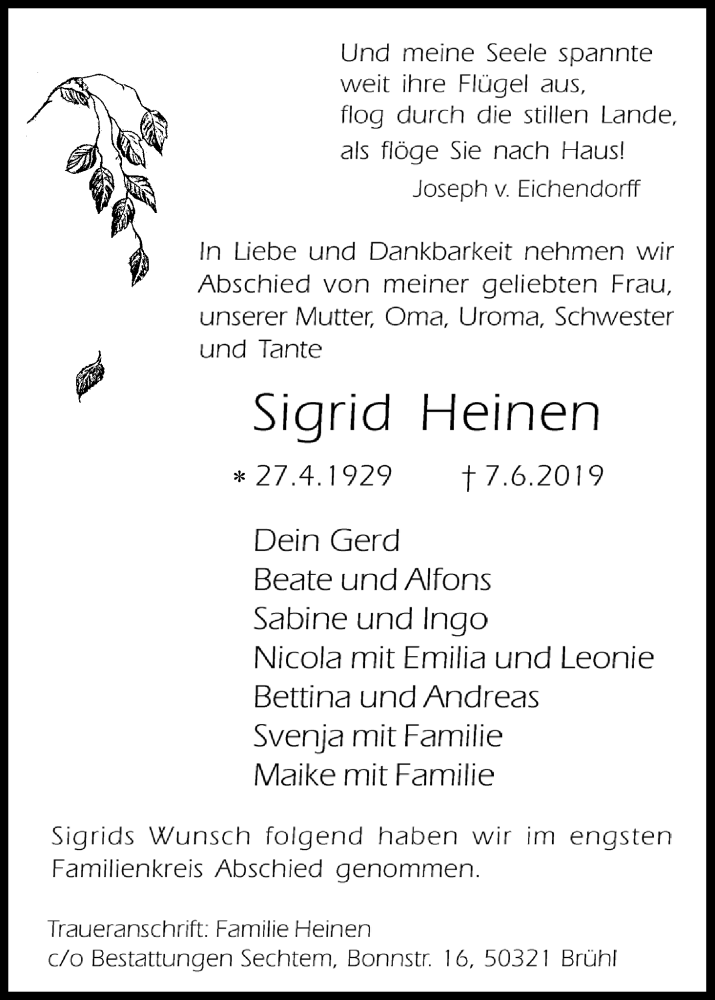 Traueranzeigen Von Sigrid Heinen Wirtrauern