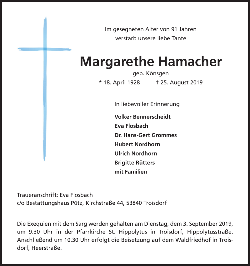 Traueranzeigen Von Margarethe Hamacher WirTrauern