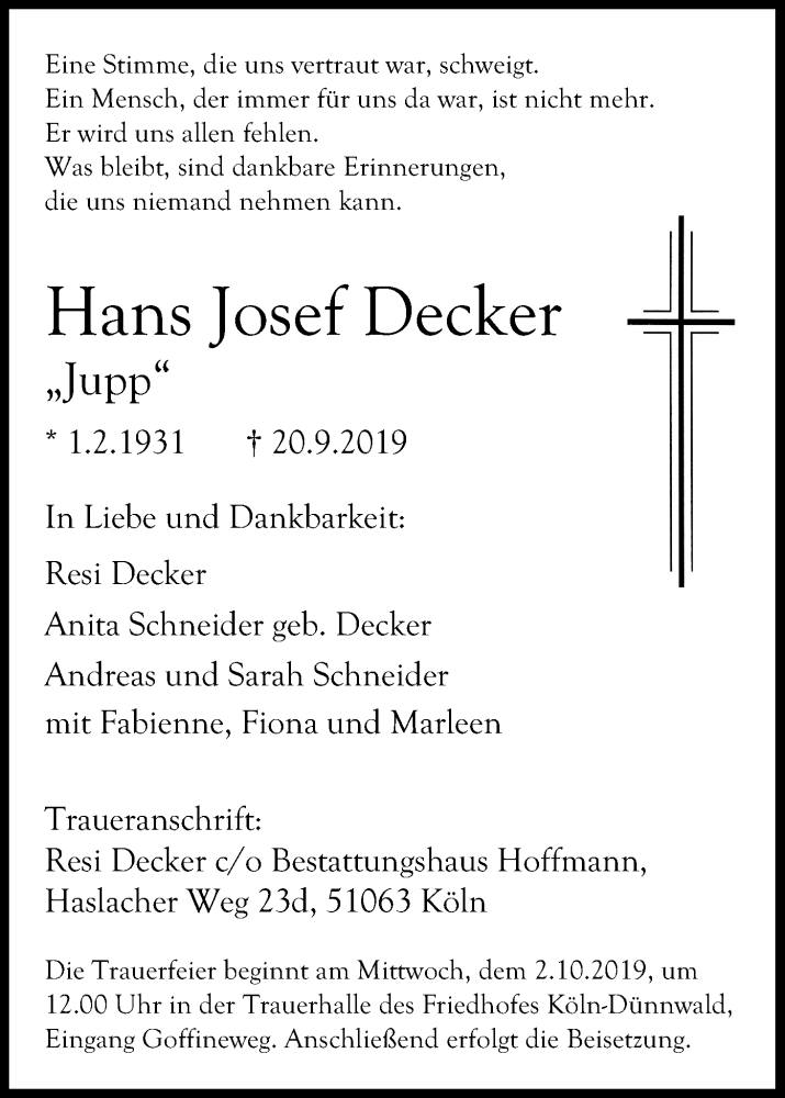 Traueranzeigen Von Hans Josef Decker WirTrauern