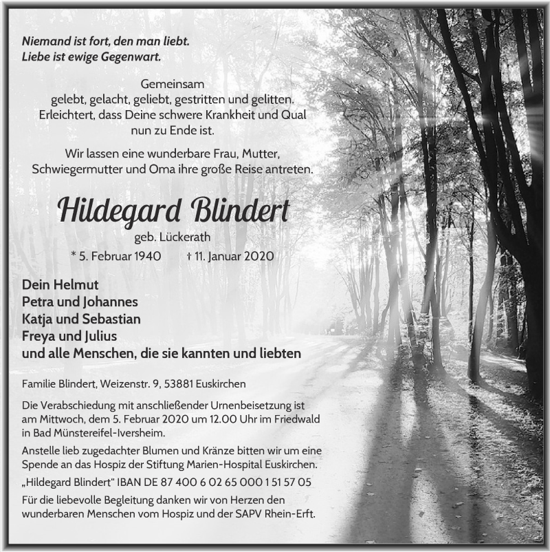 Traueranzeigen Von Hildegard Blindert Wirtrauern