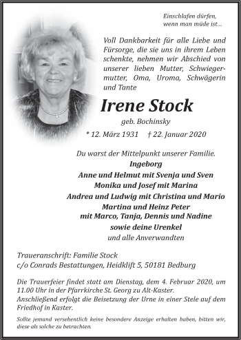 Traueranzeigen Von Irene Stock WirTrauern