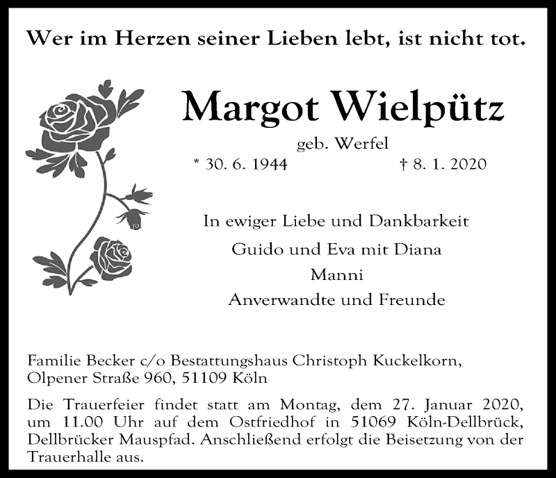 Traueranzeigen von Margot Wielpütz WirTrauern