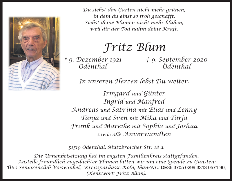 Traueranzeigen Von Fritz Blum Wirtrauern