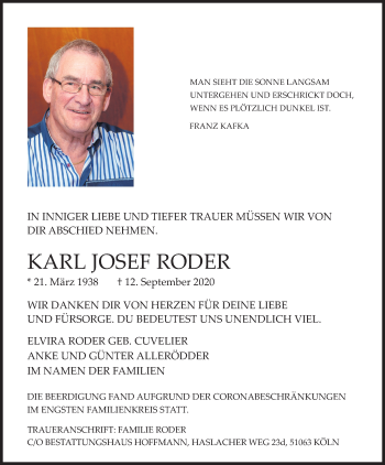 Traueranzeigen Von Karl Josef Roder WirTrauern