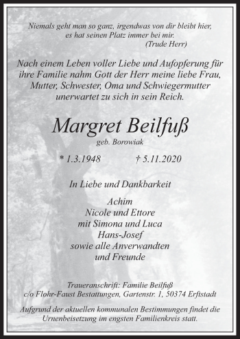 Traueranzeigen von Margret Beilfuß WirTrauern