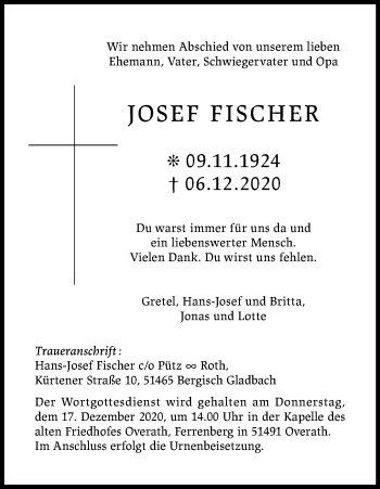 Traueranzeigen Von Josef Fischer WirTrauern