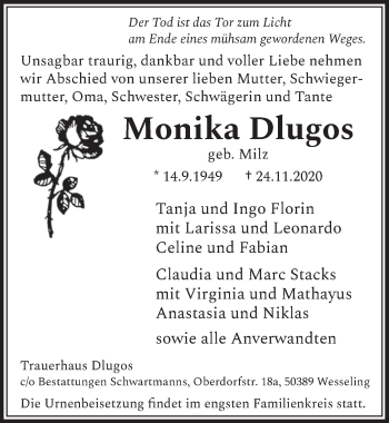 Traueranzeigen Von Monika Dlugos Wirtrauern