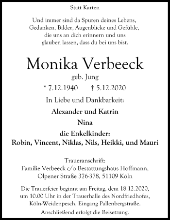 Traueranzeigen Von Monika Verbeeck WirTrauern