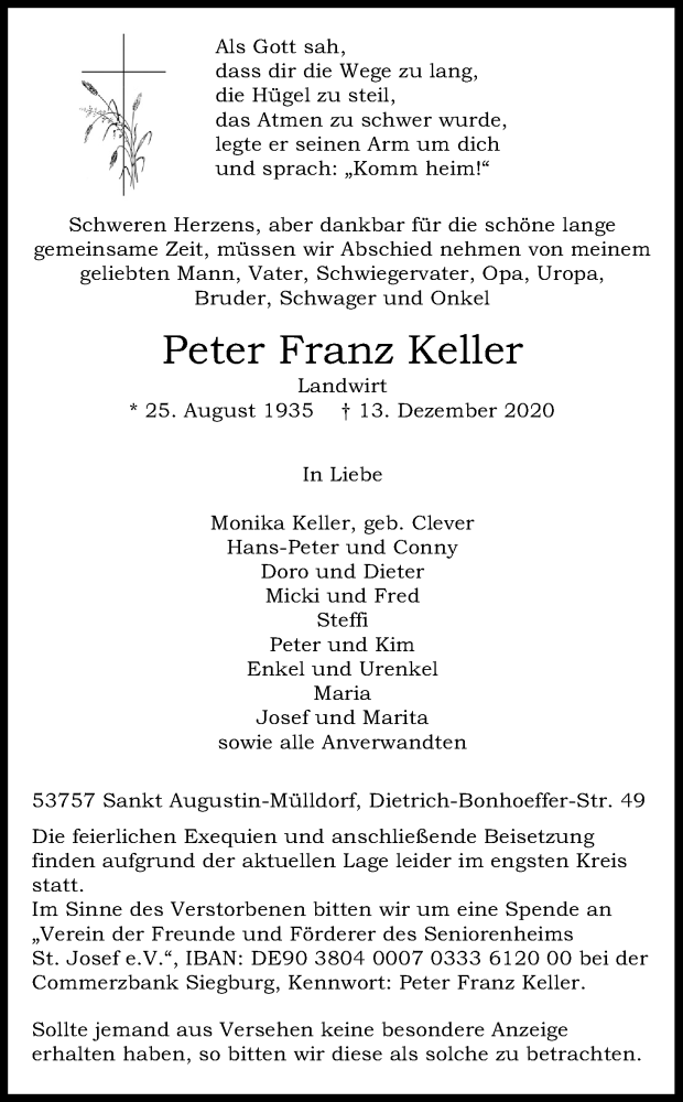 Traueranzeigen Von Peter Franz Keller Wirtrauern