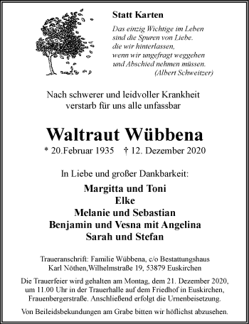 Traueranzeigen Von Waltraut W Bbena Wirtrauern