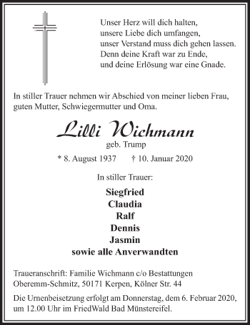 Traueranzeigen Von Lilli Wichmann Wirtrauern