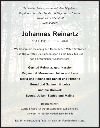 Traueranzeigen Von Johannes Reinartz WirTrauern