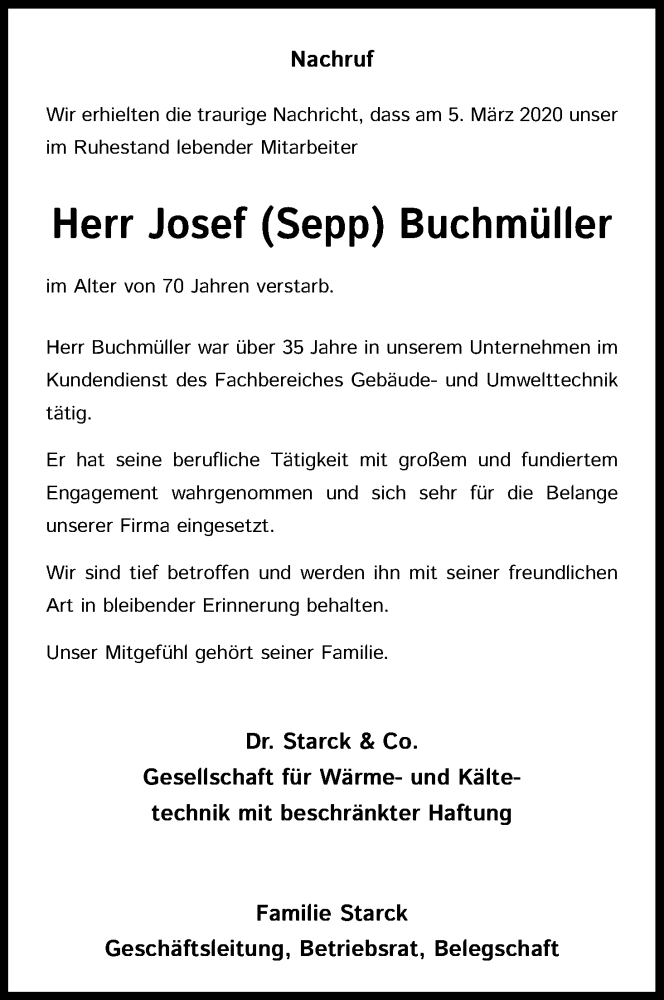 Traueranzeigen Von Josef Buchm Ller Wirtrauern