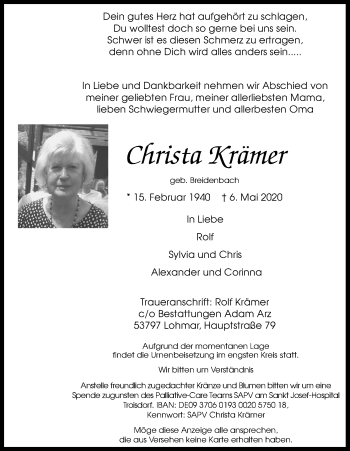 Traueranzeigen von Christa Krämer WirTrauern