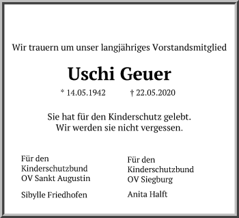 Traueranzeigen Von Uschi Geuer WirTrauern