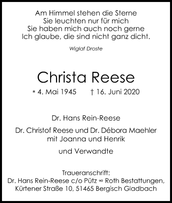 Traueranzeigen Von Christa Reese WirTrauern