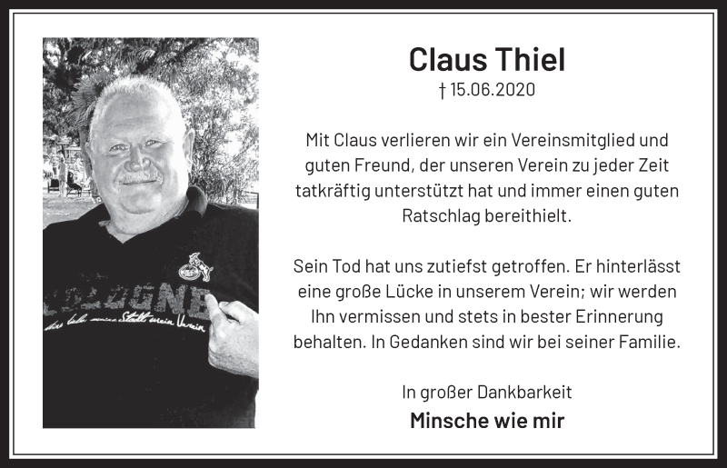 Traueranzeigen Von Claus Thiel WirTrauern