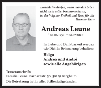 Traueranzeigen Von Andreas Leune WirTrauern