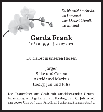 Traueranzeigen Von Gerda Frank Wirtrauern