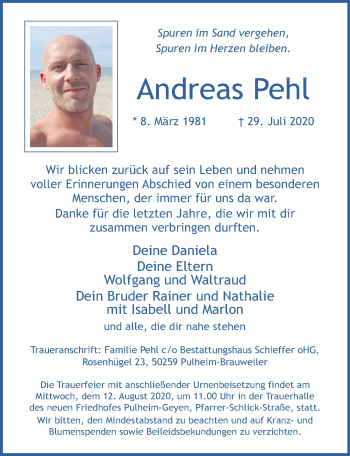 Traueranzeigen Von Andreas Pehl WirTrauern