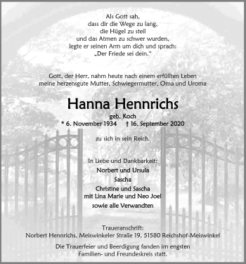 Traueranzeigen Von Hanna Hennrichs Wirtrauern