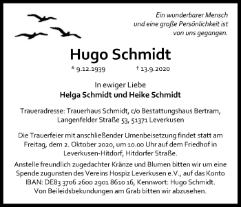 Traueranzeigen Von Hugo Schmidt WirTrauern