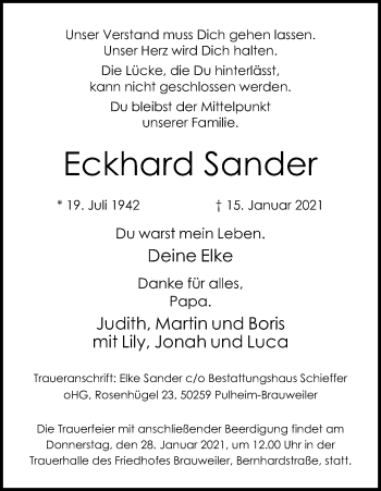 Traueranzeigen Von Eckhard Sander Wirtrauern